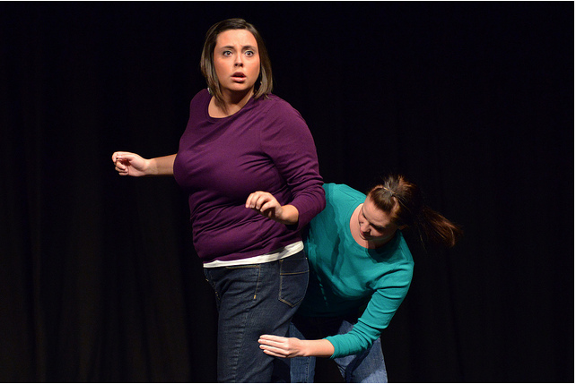 Molly Daun (left) and Abby Olsen (right) acted out various scenes depicting struggles with body image.
Brad Farrell/Winonan