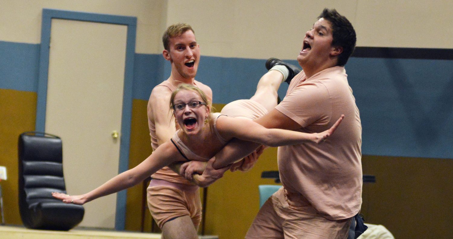 (Left to right) Conlan Carter, Lilly Roe, and Erik Larson practiced a dance routine during a rehearsal for Speech & Debate. 
Brad Farrell/Winonan