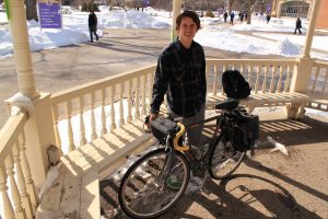 Patrick Dimpsey takes a break in the gazebo before his upcoming bike tour of Iceland. Sarah Pickar/Winonan