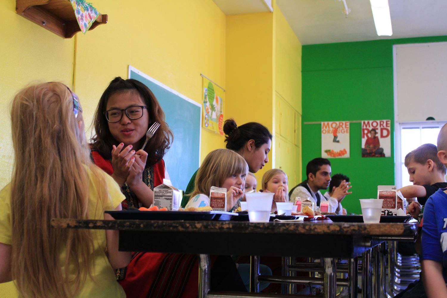 International students take a lunch break with elementary school students during the expo.
Sarah Pickar/Winonan