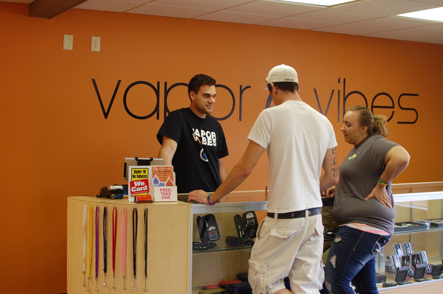 Owner Dave Delsing in Vapor Vibes shop, located on Gilmore Avenue, talking with potential new customers.
ANDREA BAUTCH
