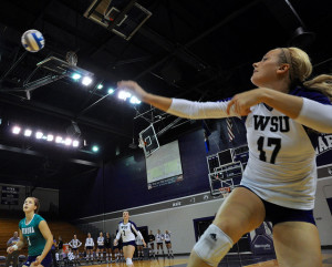 Senior Bekah Saugen goes in for the set against Minnesota Crookston Saturday, Sept. 28 in Winona. BARTHOLOME RONDET