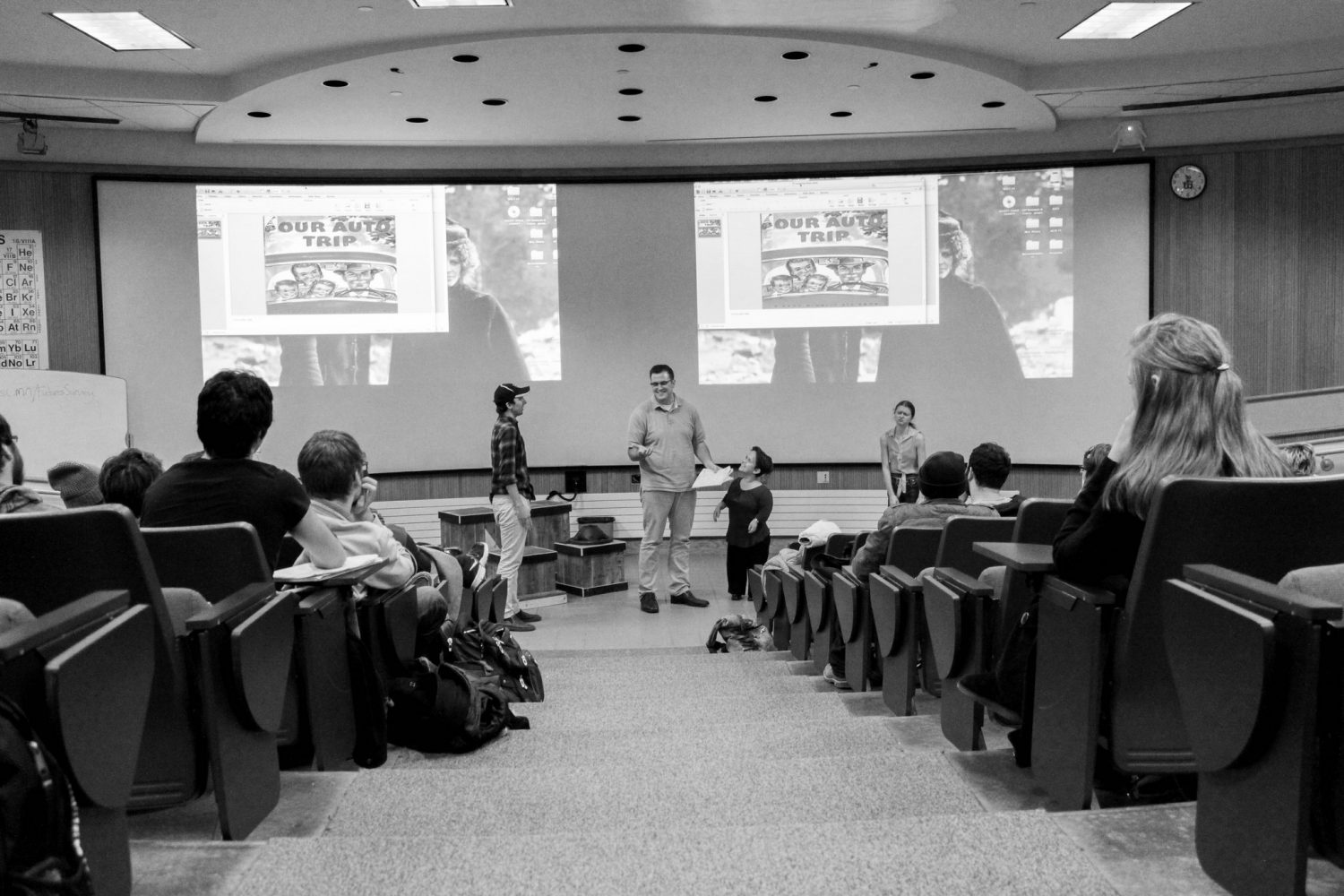 Dr. Jim Williams and Heather Williams presented a lecture Sustaining the Myth of the American Dream, as part of the CLASP Lecture Series and advertised a scene from the upcoming show called Leaving Iowa. Photo Credit: Sarah Murray