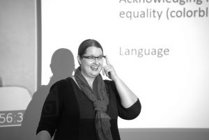 Sociology professor Jennifer Chernega presents her CLASP talk, “Dealing with Rapid Change: Ethnicity, Race and Inequality in Norway” on Wednesday, Sept. 16. (Photo by Jacob Striker)            
