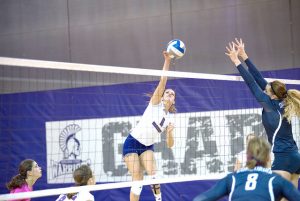 Sophomore Taylor Goar bump passes during Saturday’s match against No. 3 Concordia-St. Paul. Winona State defeated its opponent in four sets, 3-1. (Photo by Jacob Striker)