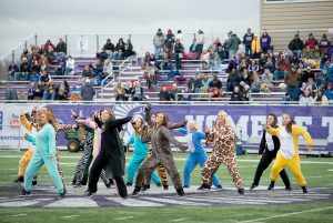 Winona State’s dance team preformed in Halloween costumes during halftime at Saturday’s football game against Wayne State College.