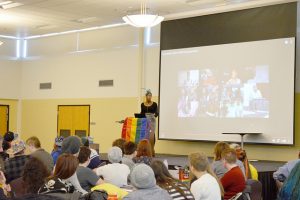 Transgender woman and activist CeCe McDonald presents at the Minnesota OUT! Campus Conference at Winona State University Friday, Nov. 13 through Sunday, Nov. 15. McDonald was the closing keynote speaker for the conference Sunday morning. (Photo by Briana Murphy)
