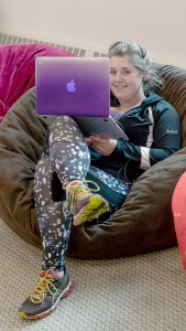 Student Alex Elliot takes advantage of the beanbag chairs in Krueger Library for a comfortable study space. (Photo by Susan Torkelson)