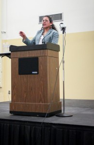Gabrielle Wynde Tateyuskanskan presents her Confronting the Conscience of America through the Dakota Arts talk as part of the Lyceum Serious at Winona State Wednesday night. (Sarah Murray)