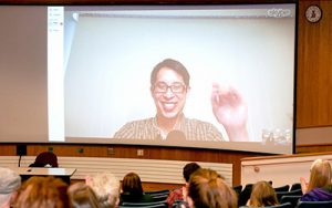 Common book author, Gene Luen Yang, spoke with students via Skype Tuesday evening to share his successful journey as an Asian-American author. (Photo by Lauren Reuteler)