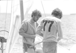 Scott Olson (left) and his brother (#77) rigging the X-Scow circa 1977 on Lake Nisswa. (Contributed photo)