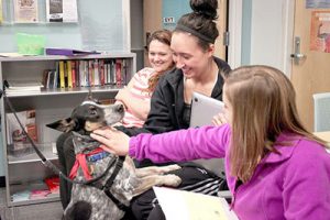 Juniors Veronica Peterson, Amber Doboszenski, and Kayley Blaha attend Wellness Wednesdays to learn more about stress and anxiety. While there, Winston the Therapy Dog came in for a visit. (Photo by Sarah Murray)