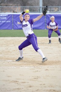 Sophomore Alex Walker pitches against Wayne State College Tuesday in Winona. The Warriors swept the Wildcats 6-2 and 8-0. (Photo by Emma Masiulewicz)