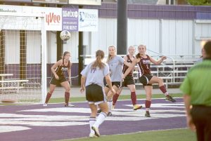 Winona State’s Kendyl Keay (middle) within scoring range during a scrimmage with Wisconsin La Crosse at Altra Federal Credit Union Stadium on August 25. (Photo by Jacob Striker)