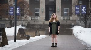 Jenn, a survivor of sexual assault, revisits Lourdes Hall to step back in the room where she was raped her first year at Winona State. (Photos by Taylor Nyman)