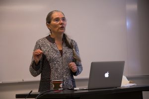 Dr. Linda D’Amico talks about deforestation issues, anthropology, immersion opportunities and more during her presentation of “Cloud Forest, Political Ecology and Wellbeing in NW Ecuador” on Saturday, Jan. 21 in Winona State’s Pasteur Hall. (Photo by Taylor Nyman)