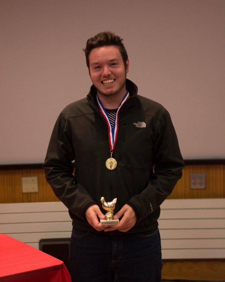 Senior Caleb Hammel, smiles after winning “The Reginald” for best editing at the 48-hour Video Dash screening and awards on Tuesday, Oct. 24 in Stark 103.