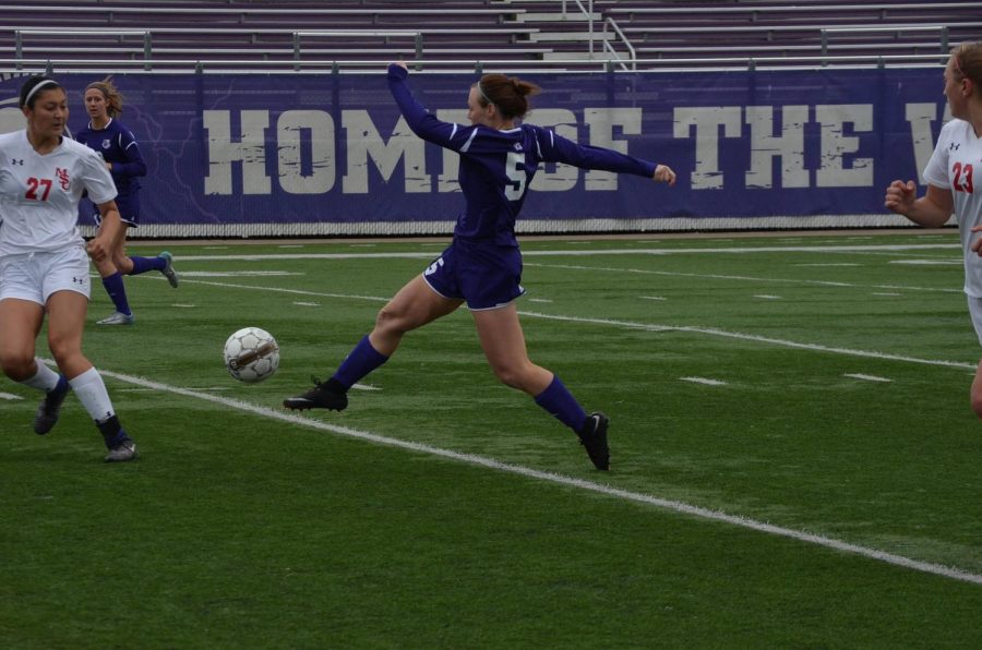 Junior forward Darian Molter gets ready to kick the ball down field at Sunday’s game against Minot State University at Altra Credit Federal Union Stadium.
