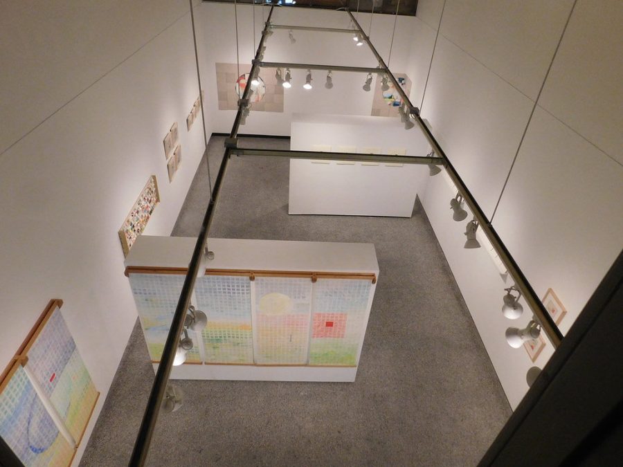 A view from the second floor of the Watkins Gallery into the Anda Tanaka Printmaking on the Prairie exhibit. The exhibit will be featured at Winona State from January 10-31 and is open during the weekday.