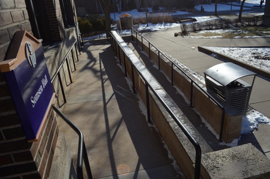 The ramp outside of Somsen Hall is used by many who are unable to use the stairs. While it is a good addition, turning corners can be tricky for many using wheelchairs or scooters and like many of the access services on campus could use improvements.   