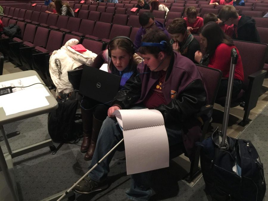 Minnesota State Academy for the Blind students Ana Sikhashvili and Rocky Hart participate in the High School Music Listening Contest regional event which took place at Winona State on Friday, Jan. 19. This is the first year the Academy for the Blind has participated in the contest, the students were able to study using a customized braille study guide. 