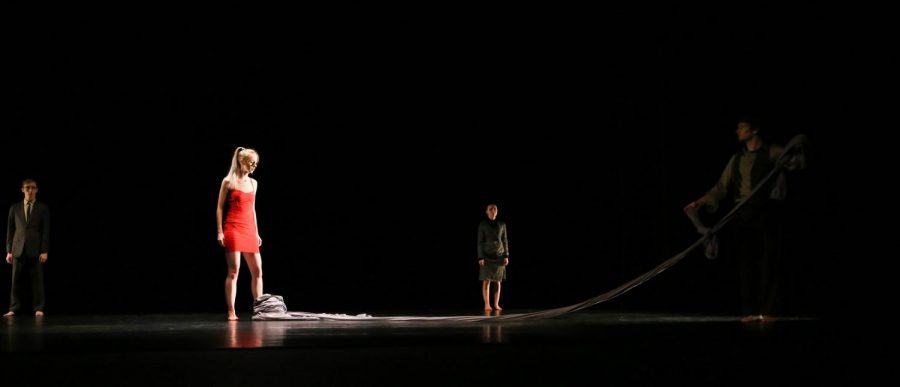 Left to right: Adelle Vietor, Courtney Harms and Noah Tashner in their performance of “Tether” in the Theatre and Dance department’s annual production of Dancescape. 