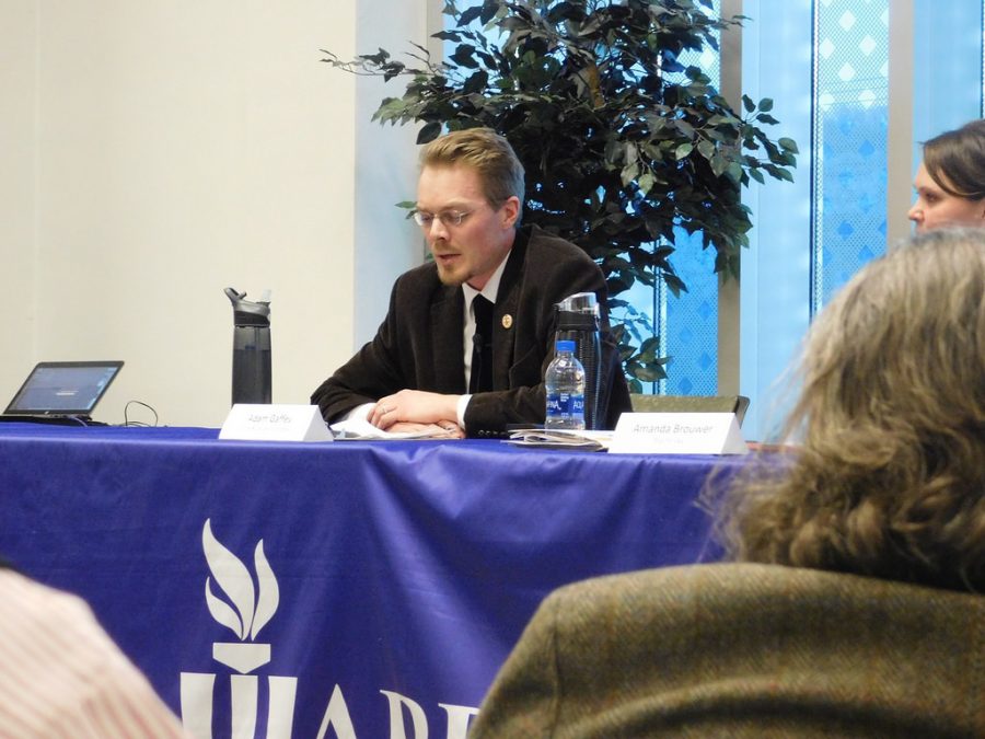 Adam Gaffey, a communication studies professor, speaks at a panel discussing anti-intellectualism on the second floor of the Darrell W. Krueger Library on Wednesday, Feb. 2.