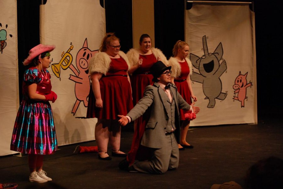 Left to Right: First-years Rachel Maron and Jacob Eberhard as Elephant with three Squirrels: Senior Abby Schmidt, first-year Jessica Campbell and junior Emily Olson in the spring play Elephants and Piggies We Are in a Play on Friday, March 16 on the Vivian Fusillo Main Stage Theatre.