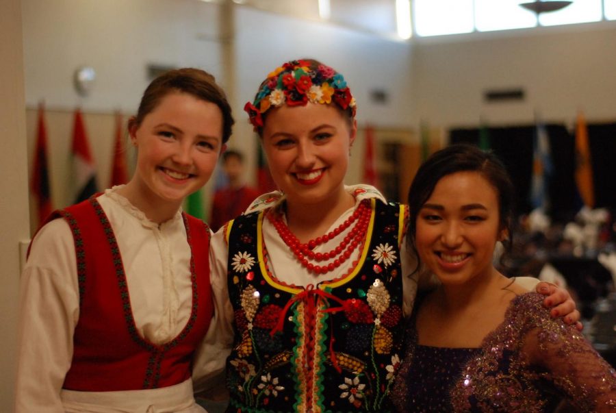 Left to right: first-year Anna Millerhagen, sophomore Nina Horbik and sophomore Nutsovanary Puy in traditional dress at Winona State University’s 31st annual International Dinner on Saturday, April 7. Hosted by the International Club in East Hall, the dinner is a celebration for on-campus international diversity with cultural foods, performances and prizes. Tickets are open to students and community members to see Winona State students showcase their different cultures.    
