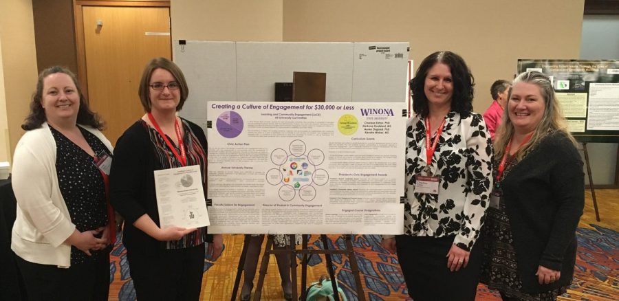 Left to right: Aurea Osgood, Charissa Eaton, DeAnna Goddard and Kendra Weber represented Winona State University at the Campus Compact 2018 National Conference in Indianapolis, where they presented “Creating a Culture of Engagement for $30,000 or Less”. 