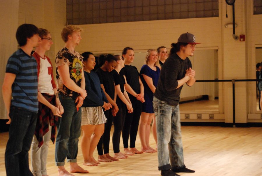 Senior Nick Garcia bows with the cast of “Nick’s Movement Capstone” at the end of the final performance on Thursday, April 5 in the Memorial 300 dance studio. Garcia’s capstone marks the end of a semester long project which was inspired by the future and his audition plans after graduation.