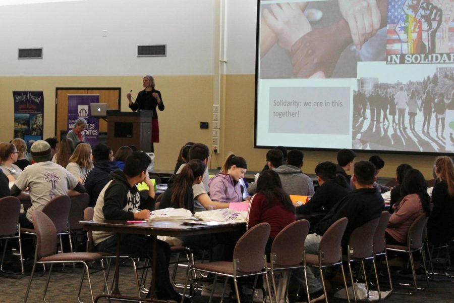 Amy Hornby Uribe begins a discussion about solidarity during Winona State’s fourth annual Civic Engagement and Leadership Conference for underrepresented high school students on Wednesday, April 4 in East Hall.