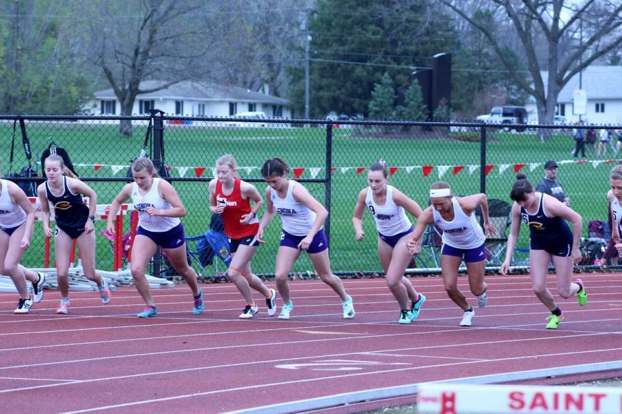 Members of the Winona State track team begin the 1500m event at the Cardinal Open hosted at St. Mary’s University on Thursday, April 25. The Warriors took home 10 first place finishes and had multiple individual achievements. 