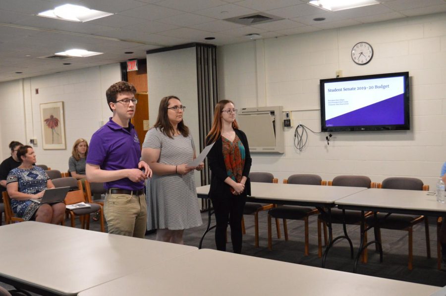 Newly elected President Ben Ellgen, Vice President Lizzie Casey and Treasurer Clara Kuerschner presented the Student Senate Budget for the 2019-20 school year. The proposal included raising executive salaries and cutting various other budgets. 