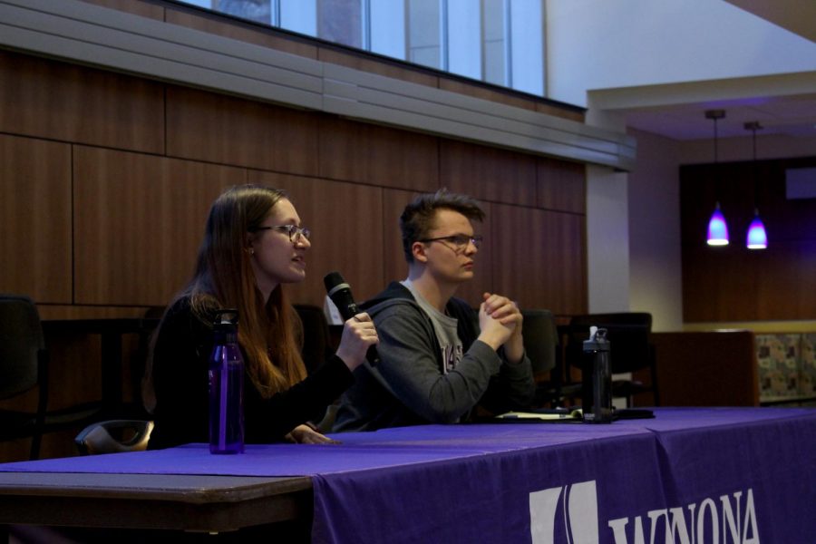 Candidates for Student Senate treasurer, Clara Kuerschner and Jake Hansen answer questions at the Senate Forum on Thursday, April 4. Students were given the chance to vote for candidates April 8-11.