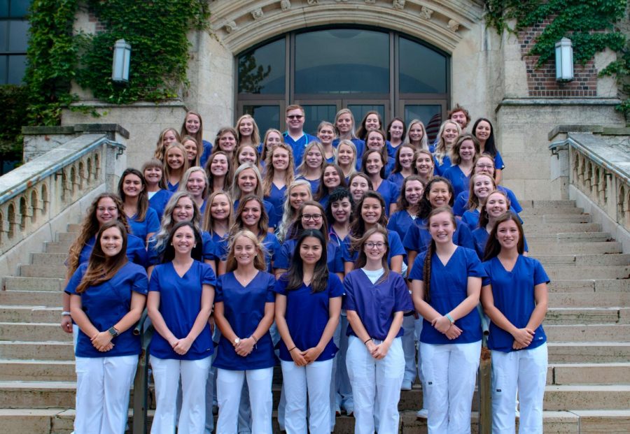 The new members of Winona State’s nursing program stand outside Somsen Hall before taking the Oath of Honor on Friday, Sept. 13. 