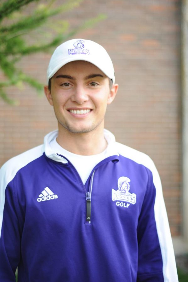 Junior golfer Brady Madsen poses into front of a building on campus. Madsen was named the 2019 NSIC preseason player of the year. 