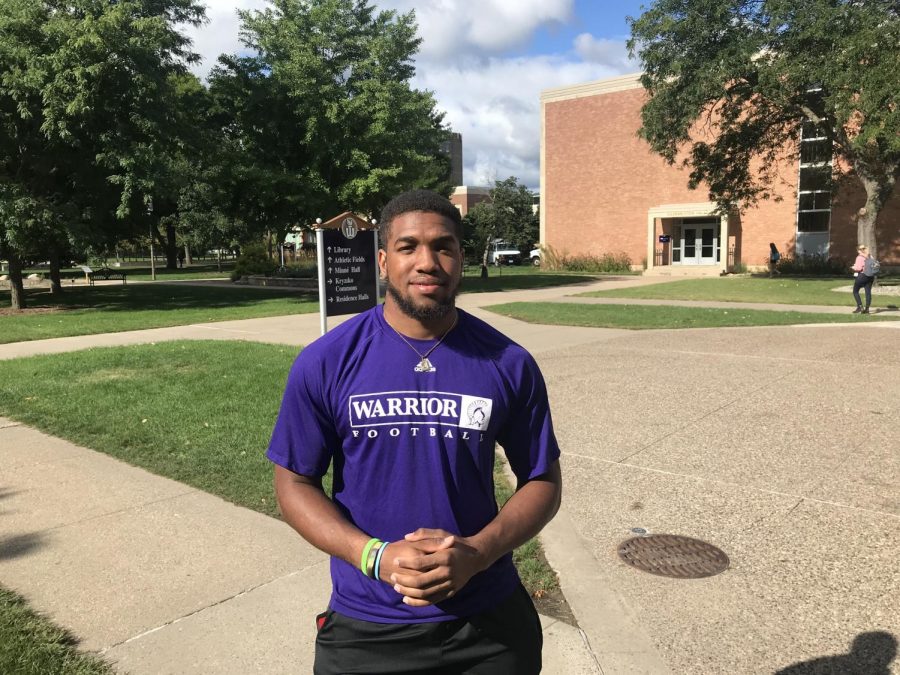 Senior Running Back Javian Roebuck (#32) posed for photos Friday, September 6th before the big game tomorrow, September 7th,  against Wayne State College.