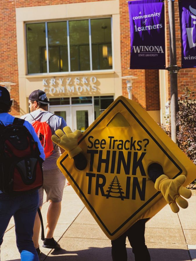 Cheryl Cummings, the head of Minnesota operations, promotes rail safety during the “Operation Life Saver Minnesota” event outside of Kryzsko Commons on Wednesday, Sept. 25.