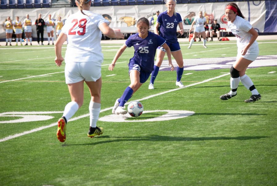 Junior Camryn Cadiz kicks the ball out of the way in mid-field during Sunday’s game. The Winona State Warriors won 2-0 against Minnesota State University Moorhead at Maxwell Field’s Altra Federal Credit Union Stadium. The game began at 1 p.m. 