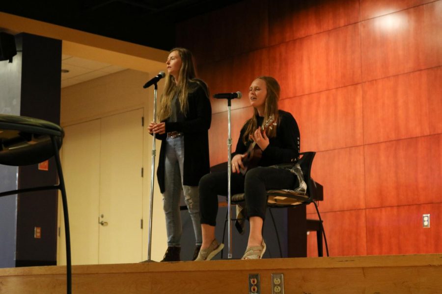 Seniors Emalee Smith and Kimberly Olson sing Colbie Caillat’s “Brighter Than The Sun” while Olson accompanies on ukulele at Winona State’s Got Talent Preliminary Show on Sunday, Sept. 29.