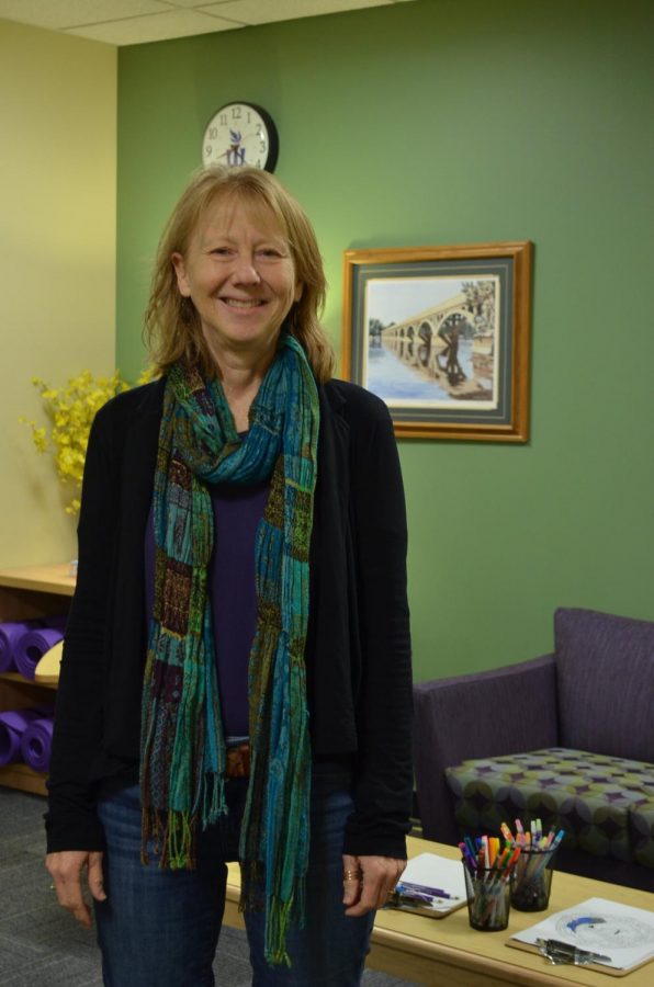 Eunie Alsaker, a counselor at Winona State University, stands in the Relaxation Room, IWC 267, where she runs the weekly new Stress and Anxiety Seminars which take place every Wednesday.