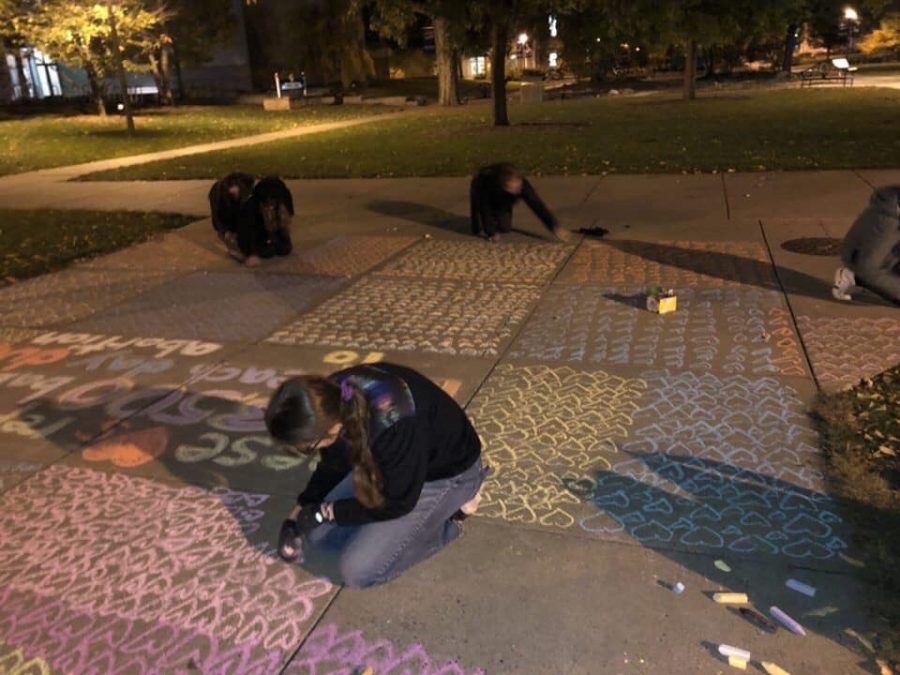 In a picture contributed by Warriors for Life, members of the pro-life club wrote messages about abortion and other issues surrounding it. The group chalked across campus the evening of Wednesday, Oct. 23. 