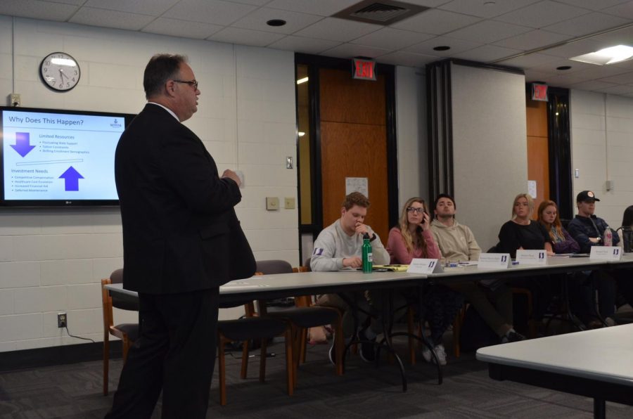 Scott Ellinghuysen speaks to student senate about the financial budget for the 2020-21 school year, currently the university is facing a 3-5% budget reduction however the budget has not yet been finalized. 