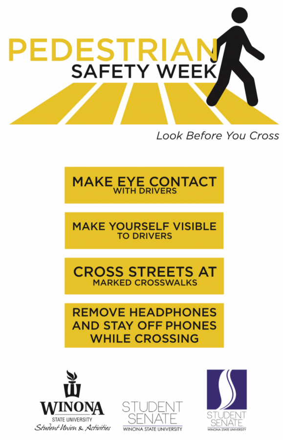 Winona State University is promoting Safe street crossing among students by creating Pedestrian Safety Week, which highlights and gives tips on ways to walk across busy streets near campus. The campaign is run by Student Senate Student Services committee.