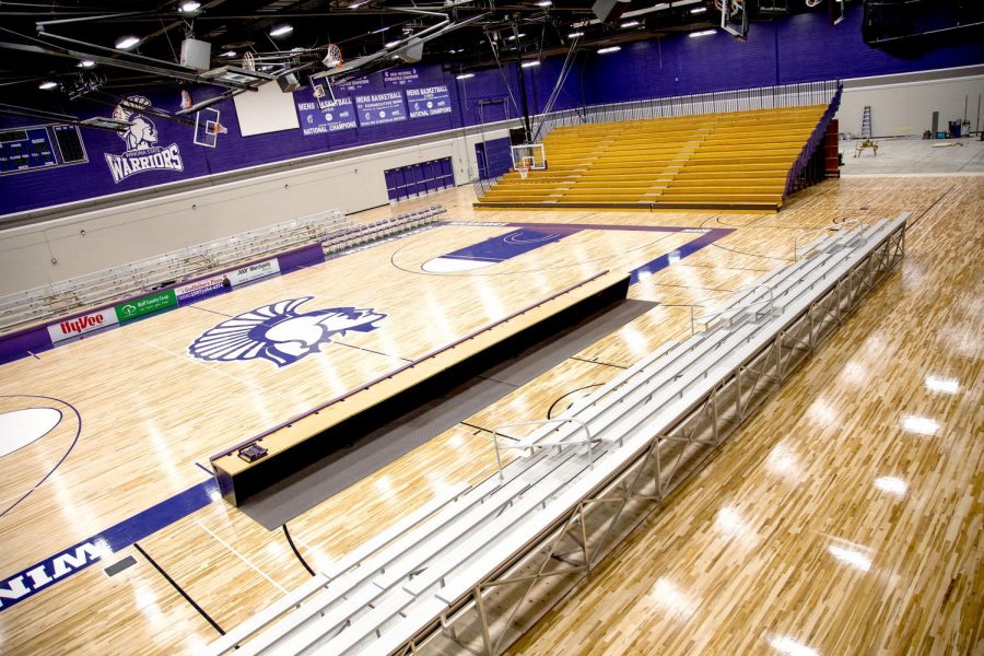 The McCown Gymnasium in the Integrated Wellness Complex being prepared for a Winona State Warriors home basketball game before COVID-19 caused the university to adhere to new regulations. 