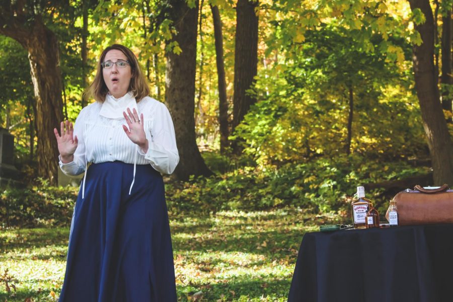 Terri Lieder, playing the role of Elizabeth Lynch Shuler, a nurse who died during the influenza epidemic, at the Voices from the Past: Cemetery Walk event held inside Woodlawn Cemetery on Saturday Oct. 10.  This event is designed to experience some history and explore the lives of past Winonans.