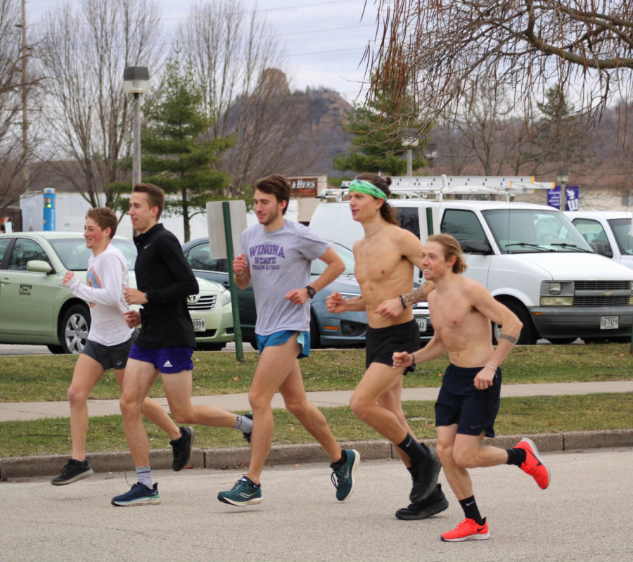 Winona State Boy’s Cross Country team on a cool down workout on March 25, 2021. ( Left to Right ) Mitchell Johnson (freshman), Brady Omtvedt (junior), Mitchell Buerkle (freshman), Micah Warning (senior), and Wyatt Taylor (junior). 