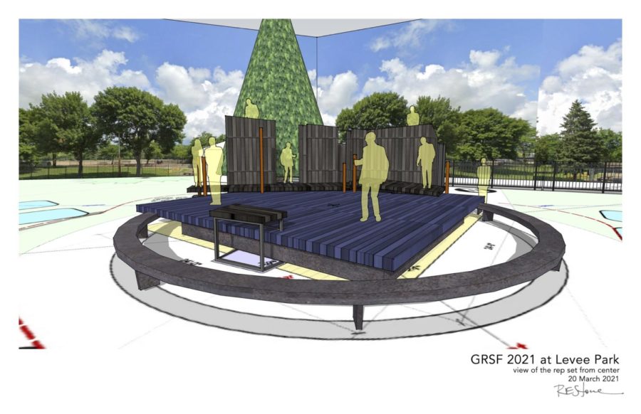 Contributed photo from Great River 
Shakespeare Festival details the proposed stage layout atop the drain cover.