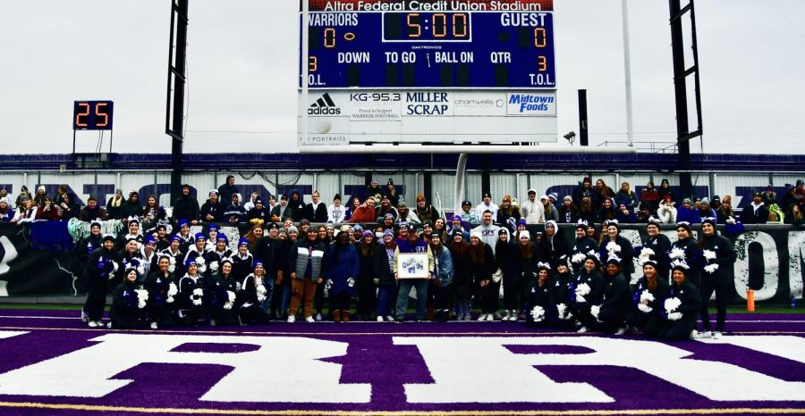 Winona State University students showing support and appreciation for Head Coach Tom Sawyer at his final game of his 25-season long coaching career. The final game of the season, plus final of Sawyers career, was on Saturday, Nov. 13.